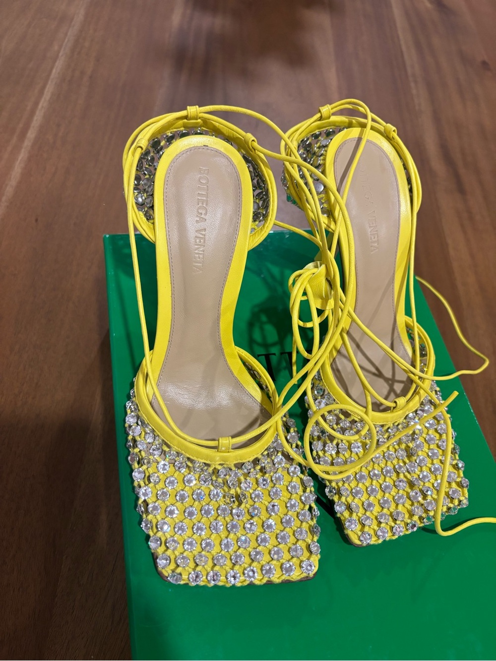 Bottega Veneta Yellow Crystal Lace-Up Square-Toe Heels